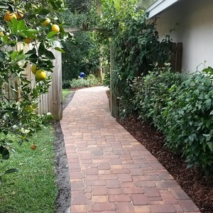 Side paver walkway near fence
